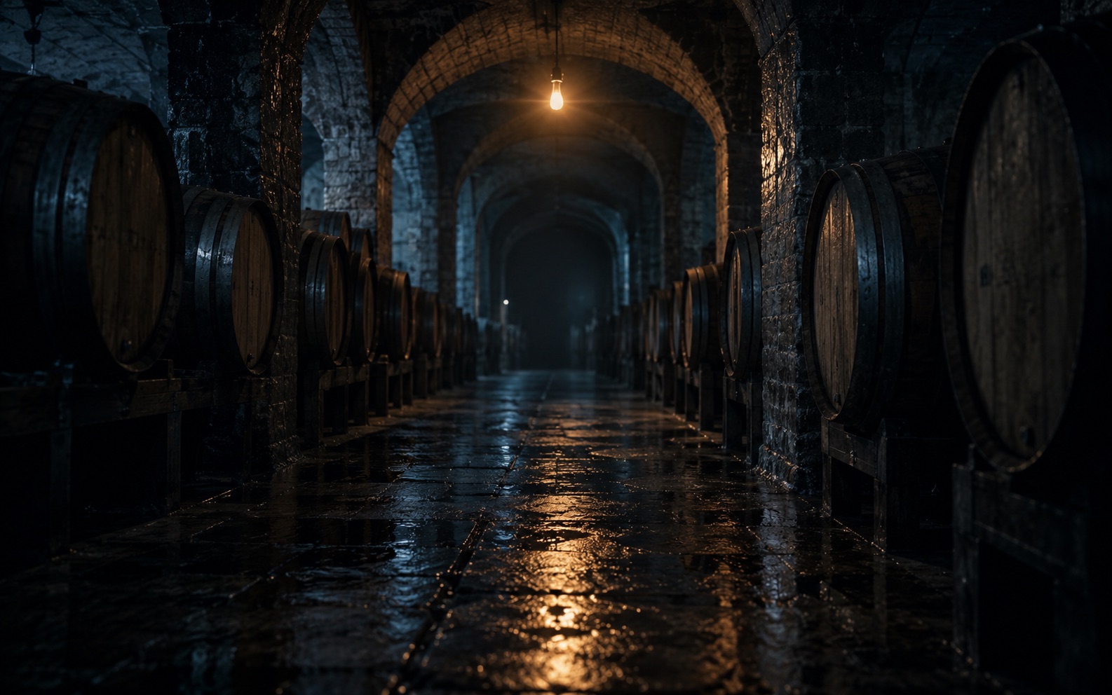 A vaulted wine cellar lit by a single bulb, barrels receding into the dark