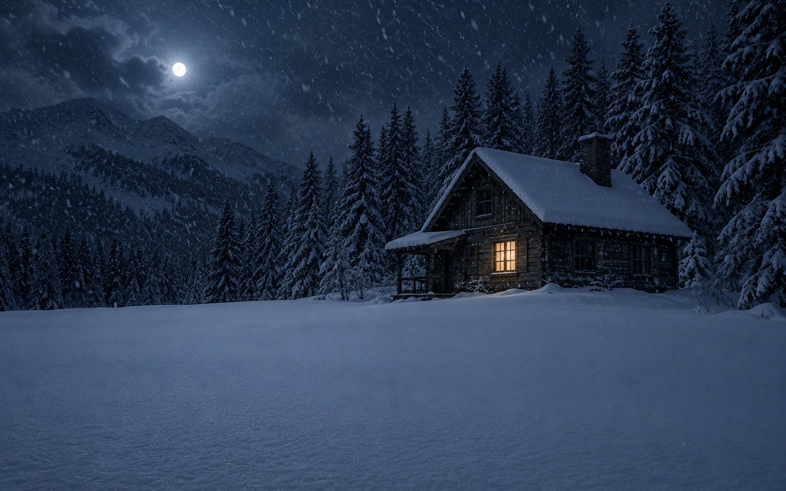 A snowbound timber cabin at night with one lit window and unbroken snow around it
