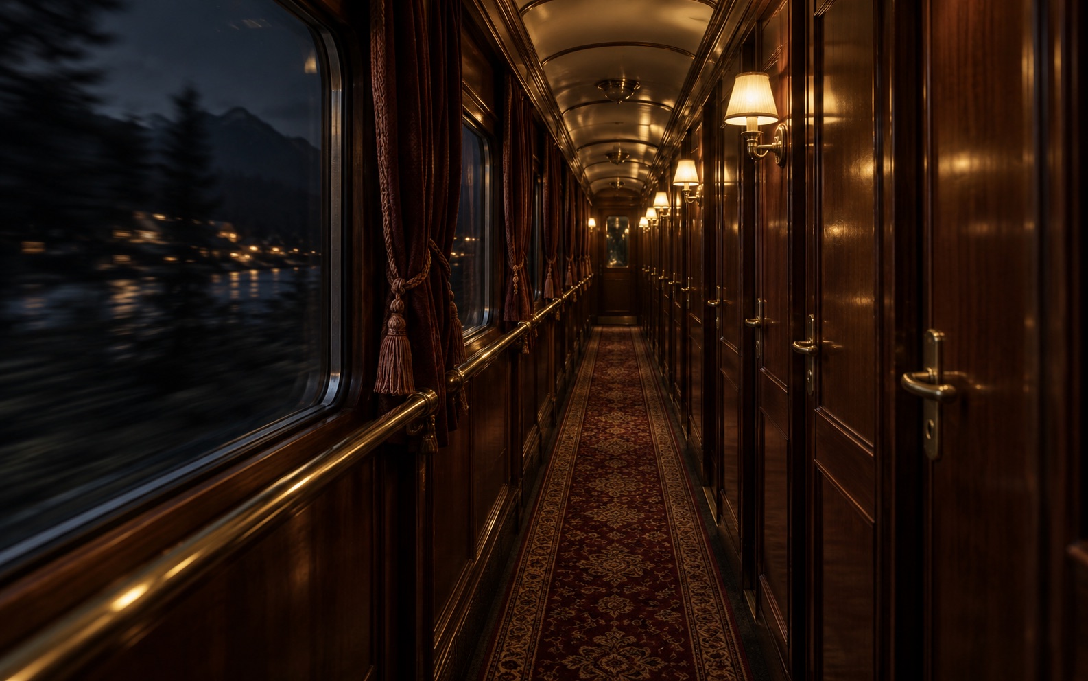 An empty vintage sleeper train corridor lit by wall lamps