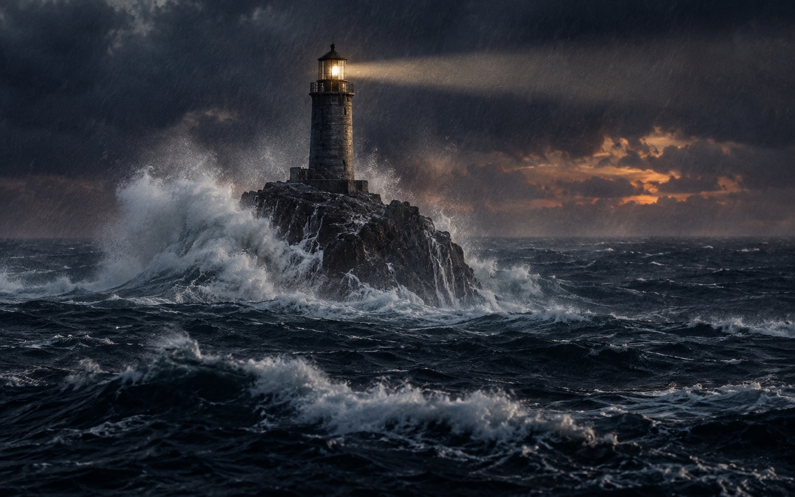 A lighthouse on a rock in a storm at dusk