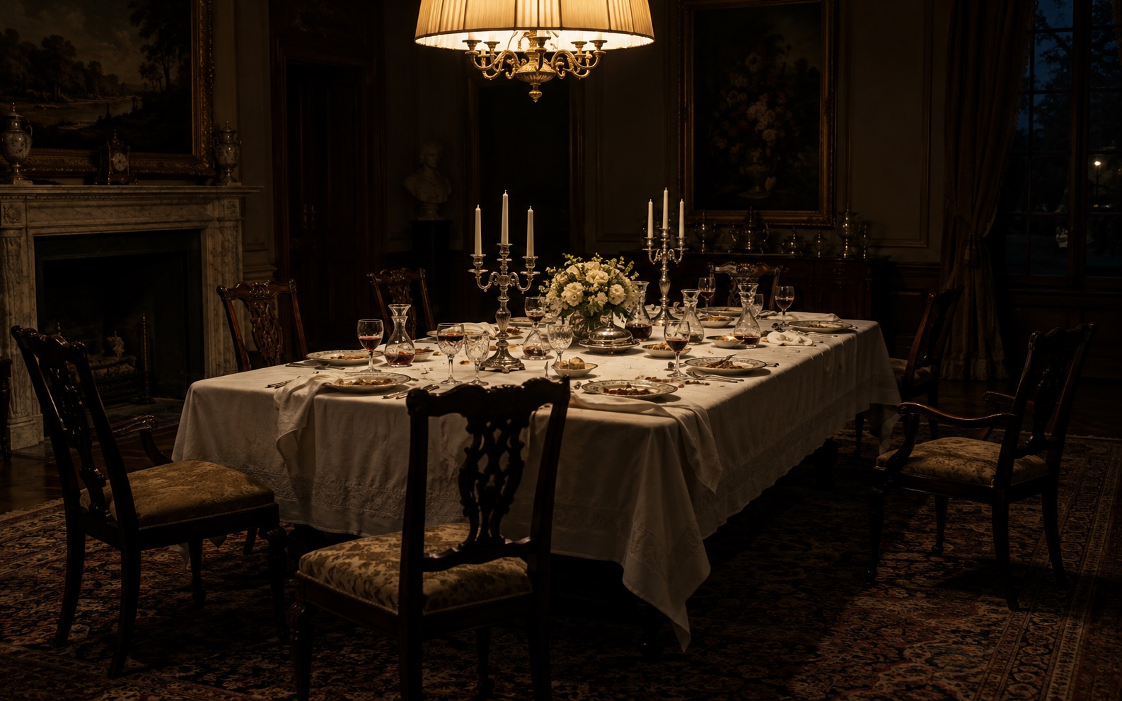 A formal dining room with a long table set for 7, chairs pushed back
