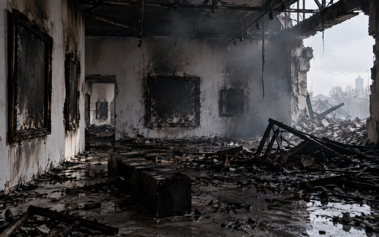 A burned art gallery interior with scorched frames on the walls