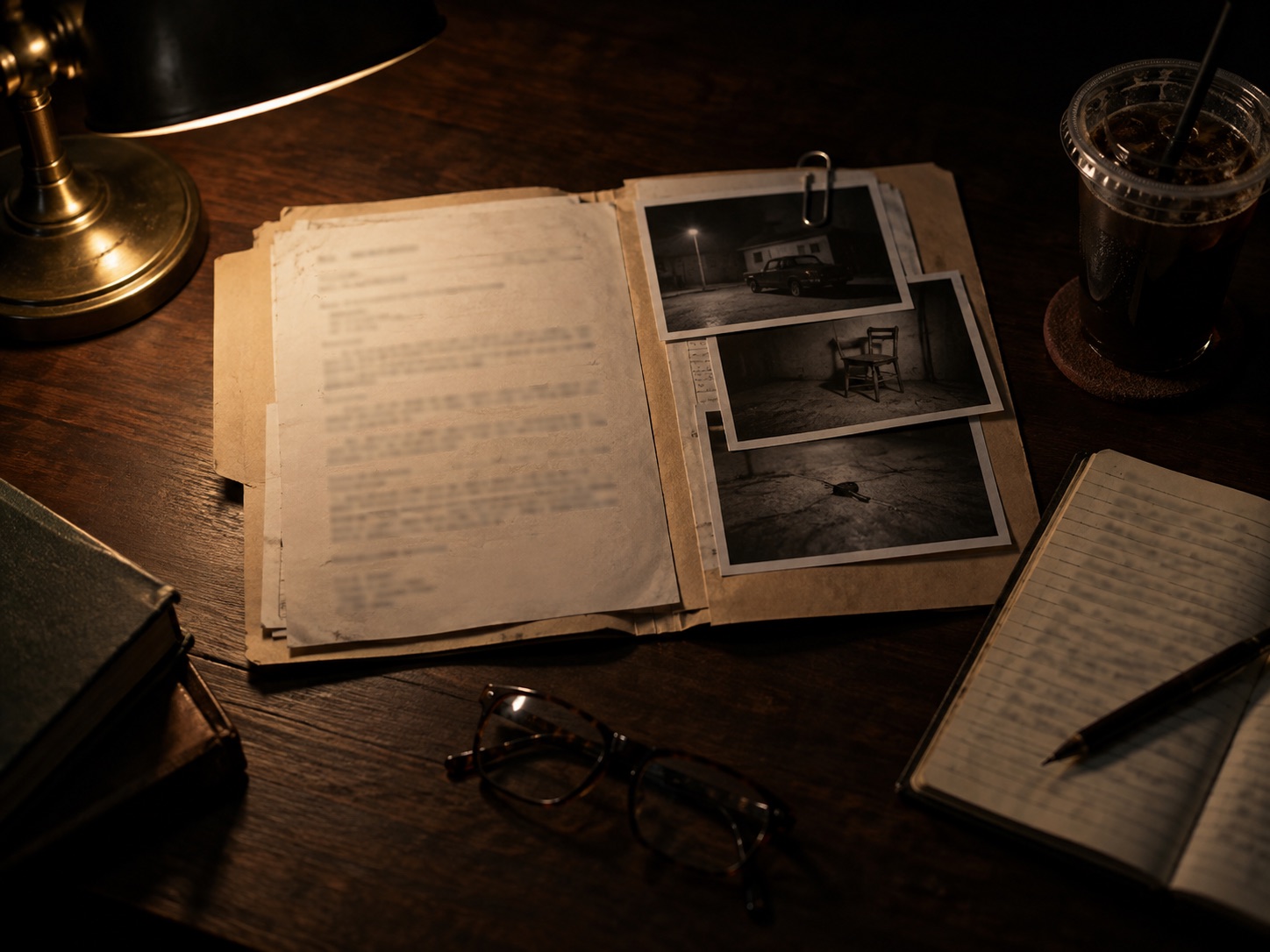 A cold case dossier open on a table with photographs, a police report and an autopsy summary spread out under a desk lamp